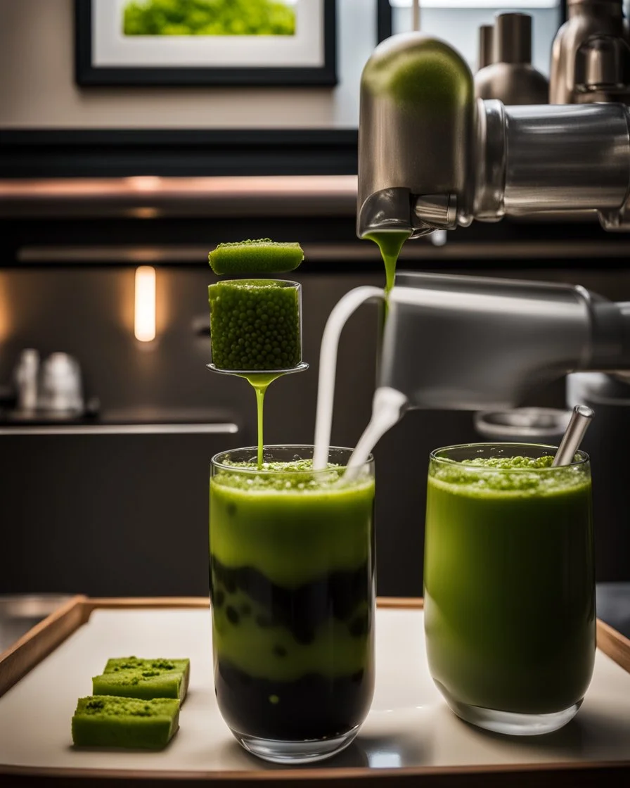 filling the frame we are looking into a tank filled with matcha green bubble tea, dark tapioca pearls along the bottom against the glass, ice floating at top, no fish, no outside of tank