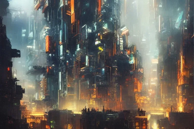 Art by John Berkey and John Harris and Craig Mullins, futuristic cyberpunk city, high rise, smooth, sharp focus, hyper detailed, digital painting, elegant, centered, buildings connected through platforms, japanese neon signs, volumetric lightning, brutalist architecture, 8k