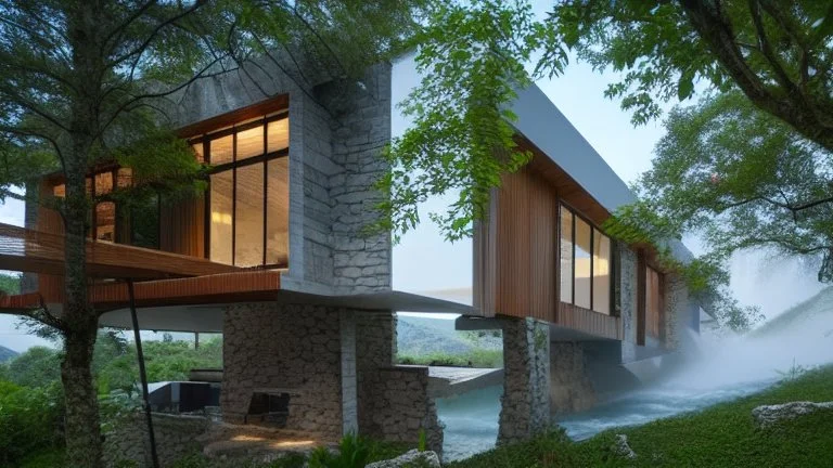 modern house by a big water falls in a karstic montain rain forest