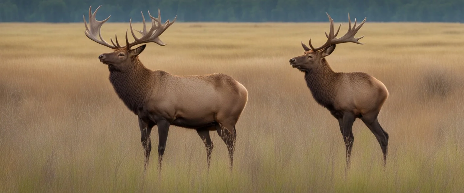 regal pose of Elk in a prairie field, wild grasses and bushes in corners of foreground