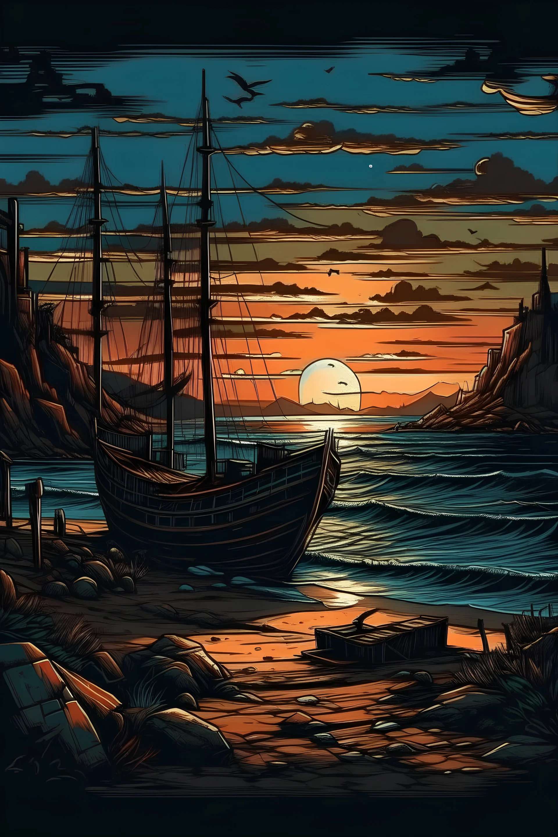 Experience the beauty of a dark sunset on a beach through this captivating pop art illustration. The artwork showcases a rusticcore aesthetic with majestic ports and rusty debris, creating a realistic and enchanting scenery.