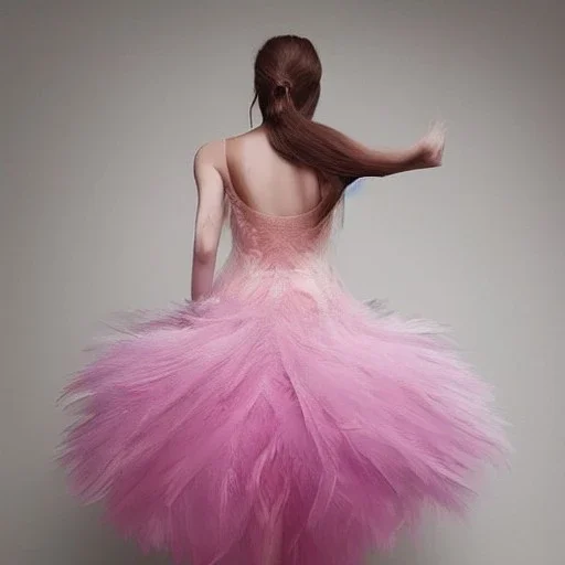 dress made out of feathers and tulle, stunning colors, beautiful lighting, delicate composition, aesthetic, ballerina, ballgown