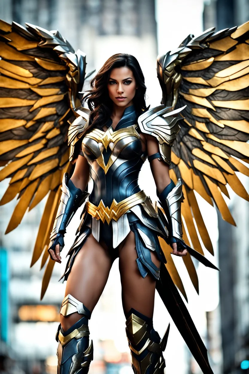 Close up gorgeous photography soft blur, HD realistic,super modeling girl as beautiful Angel straddle wings Wonder Woman ultra advanced warframe with the whole and full armor with ultra high resolution and details,walk in street city bussy.style: digital photography