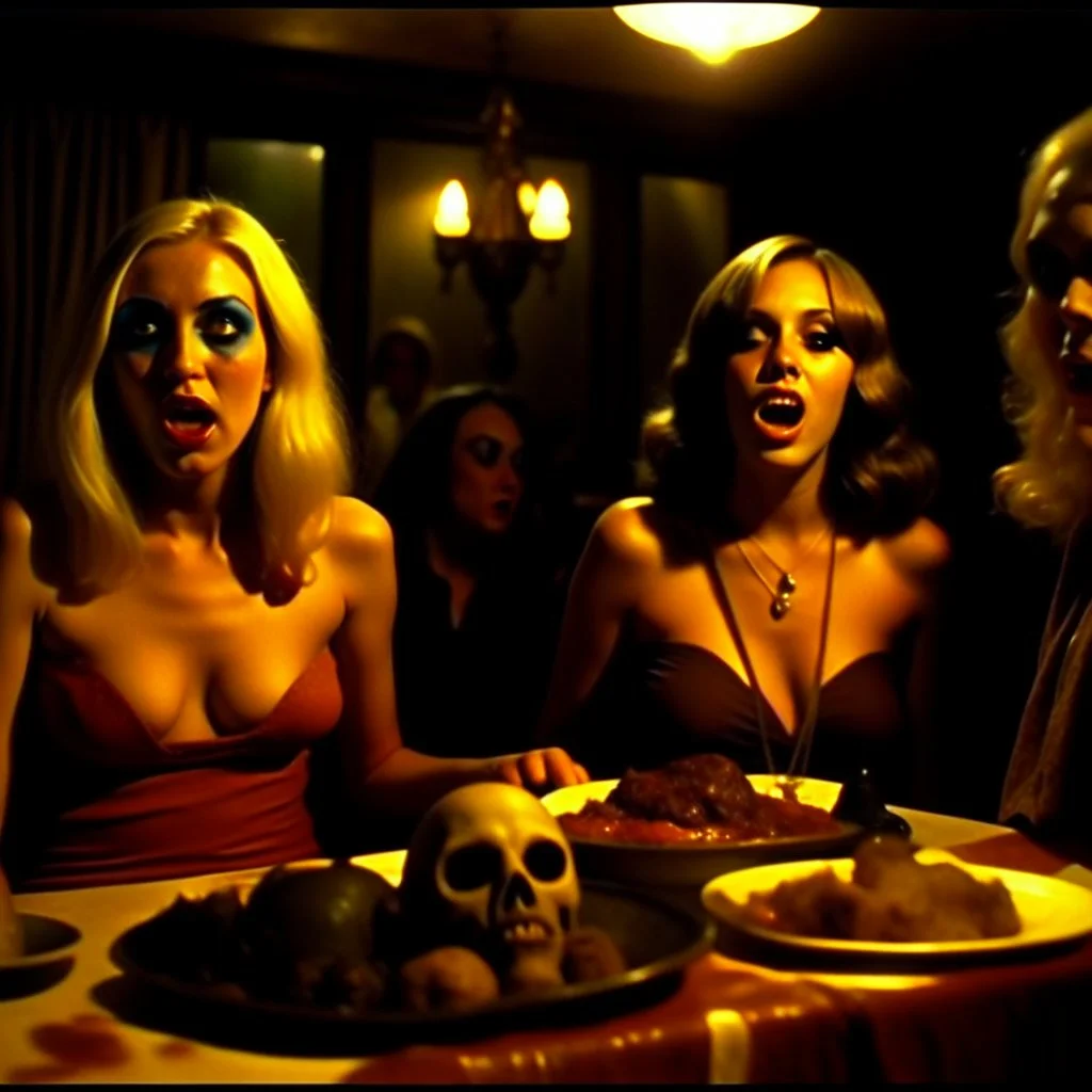 Horror movie shot, spooky, hot, ultra realistic hot dine, ultra realistic hot blonde women, party, pieces of meat, organs, ail, dynamic, very excited people, hypermaximalist figures, light, 1970's Italian horror movie, sinister,, Dario Argento, Stanley Kubrik, ornate, 4k, photorealism