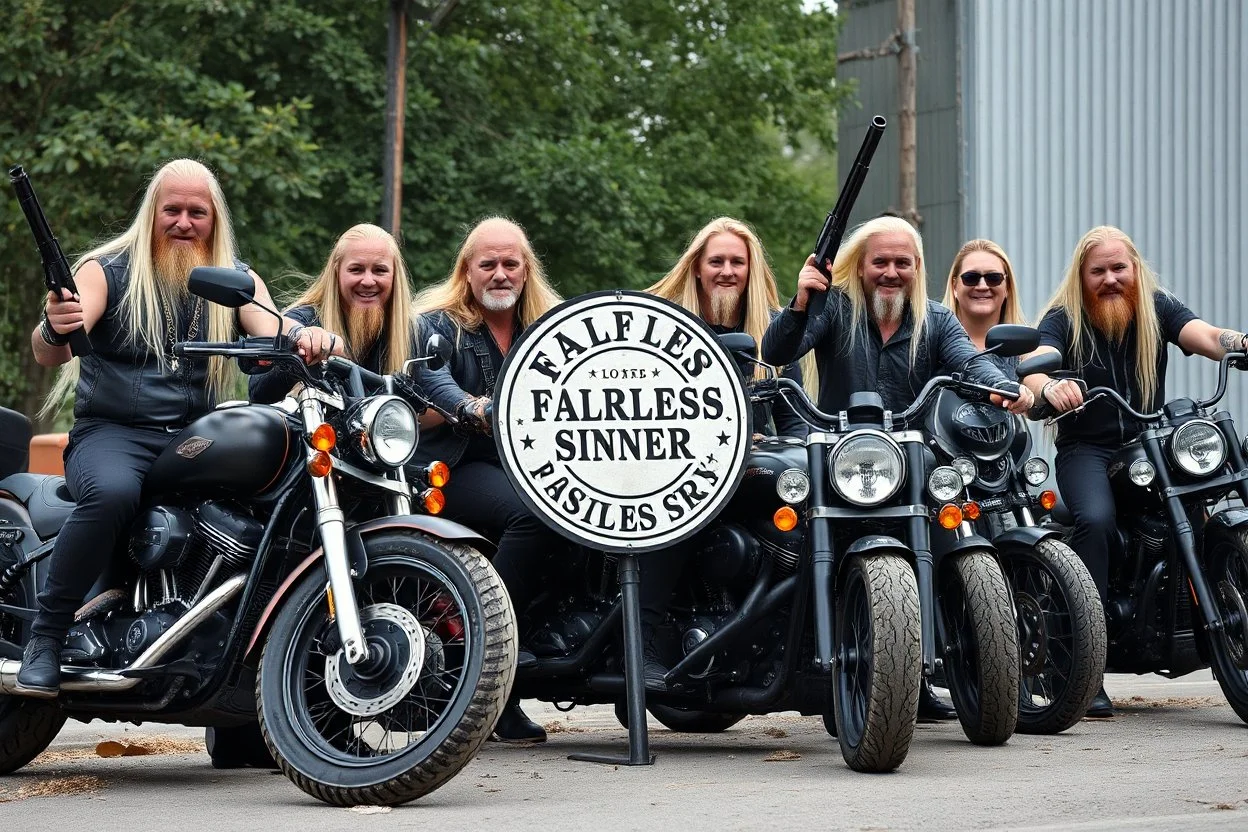 a very hard and tuff motorcycle young gang with long blond viking hair, not old, posing with their Harley Davidsson bikes, some of them holding guns and shotguns, a logo sign with Falköpings HD Club, "Fearless sinners" Skulls and bones, skeletons