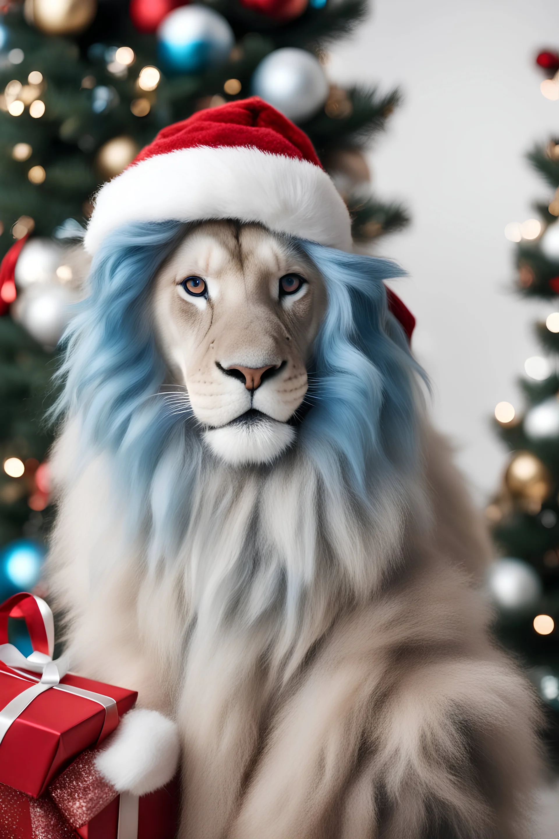 a beautiful girl with blue hair,a Santa Claus hat on her head, a Christmas tree with gifts in a bag next to it, a lot of details close-up, stroking a white lion,a lot of wool,a beautiful lion's muzzle,a lot of details,