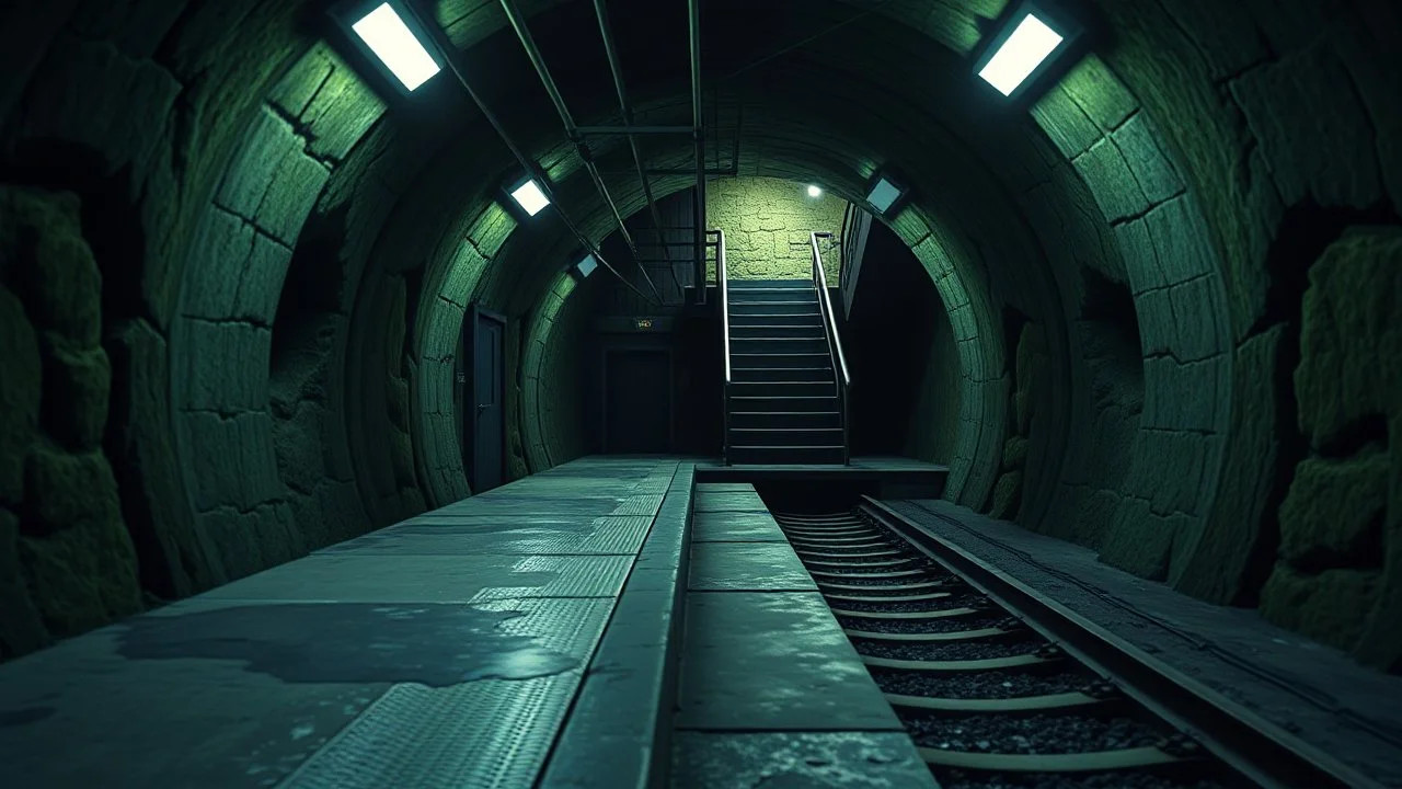 GAME CONCEPT ART .two poin perspective.Station platform and stairs from side .photograph inside of hole .big ambient..Inside the old subway tracks, . Low light and closed green moss walls. Like the original design of the game space ,digital art.landscape,far camera old painting,2 Chen and George Hopper, Rembrandt lighting, a dark green color scheme, . --ar 13:16 --v 6. 0 metro game