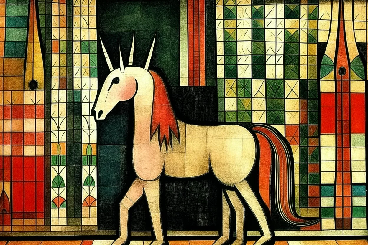 A unicorn in a cathedral tapestry painted by Paul Klee