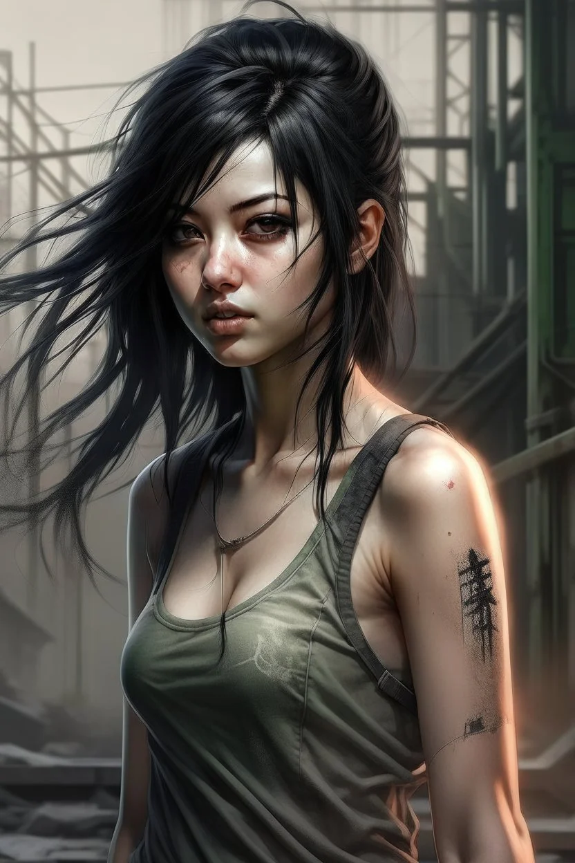 pretty girl, aged 15, black hair, dystopia, athletic, digital art