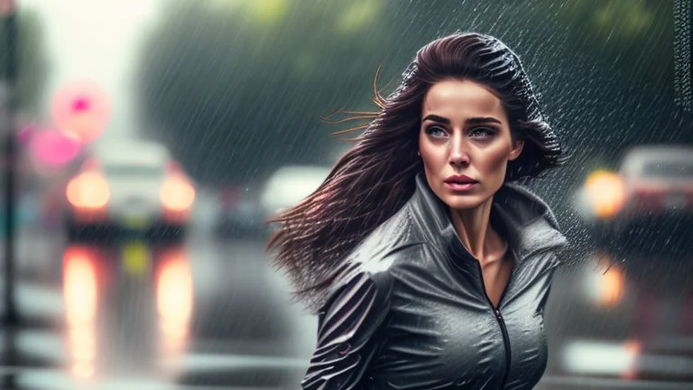 WOMAN RUNNING IN THE RAIN,, portrait photograph, hair, (sultry flirty look), ((gorgeous symmetrical face)), cute natural makeup, realistic, concept art, elegant, highly detailed, intricate, sharp focus, depth of field, f/1. 8, 85mm, medium shot, mid shot, (((professionally color graded))), sharp focus, bright soft diffused light, (volumetric fog),