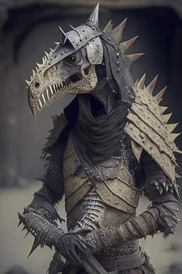 a human bandit with armor made from dinosaur bone