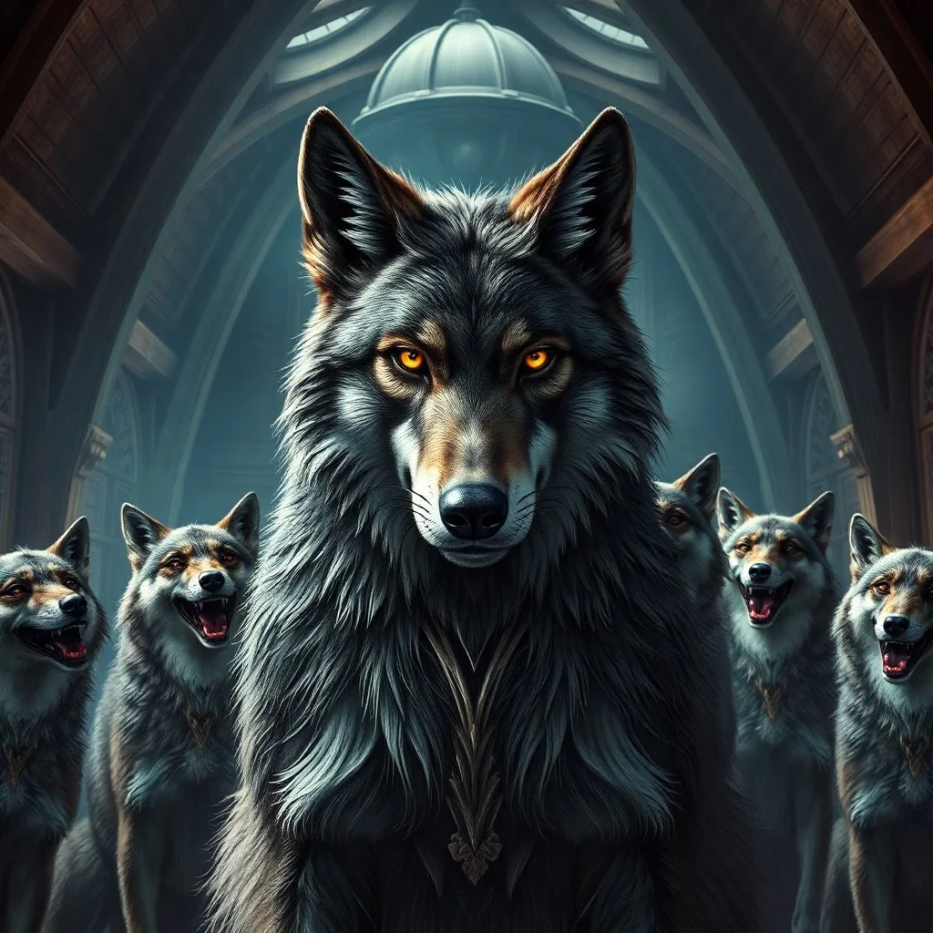 dark ascetic fantasy an anthropomorphic wolf facing at the camera and around him cheerful anthropomorphic wolves they laugh at him , in the background mbig tall domed roof wooden walls hall, high realistic, high detailed, dark fantasy, cinematic