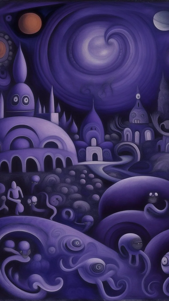 A dark purple celestial realm with aliens painted by Diego Rivera