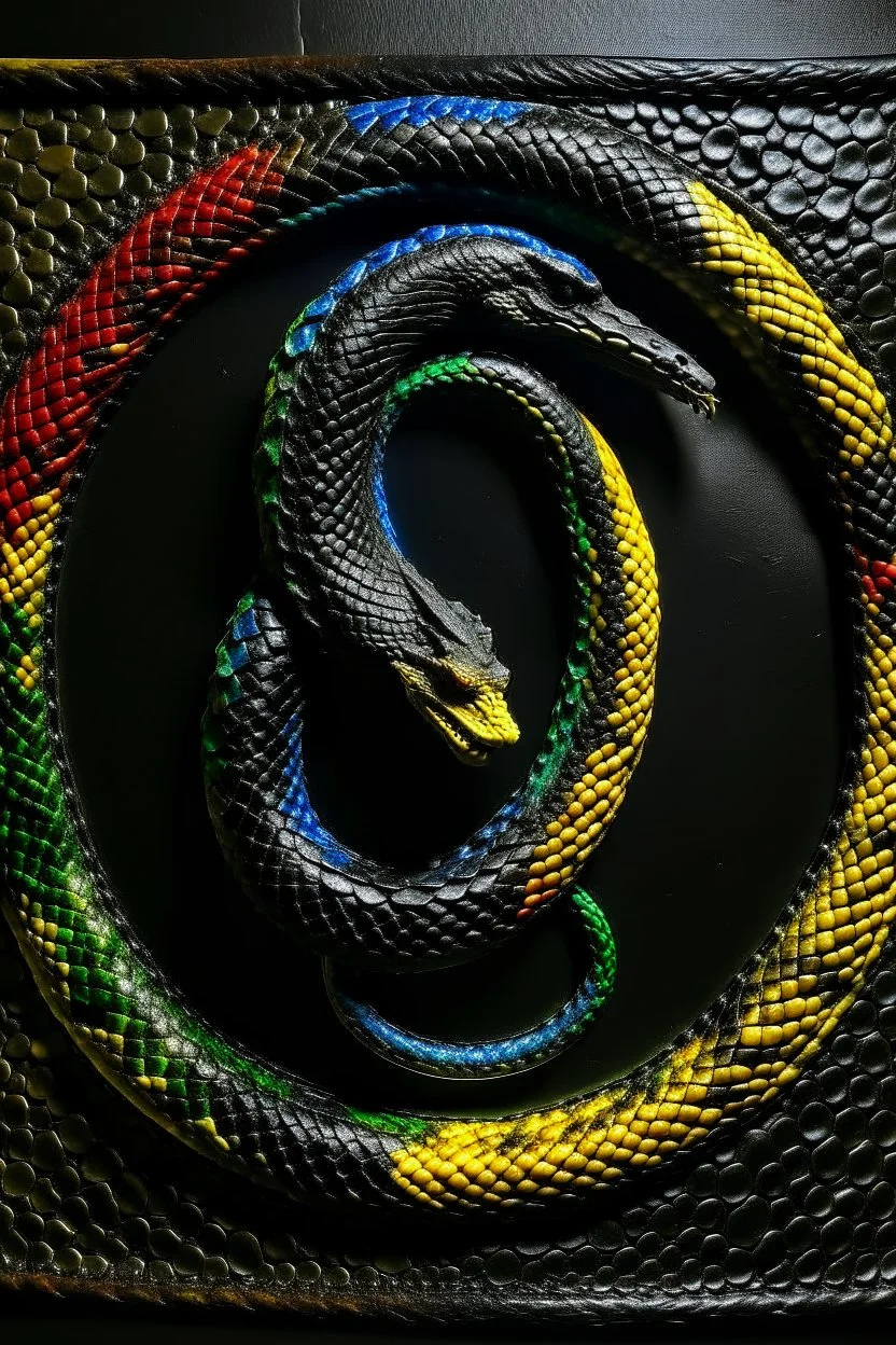 ouroboros made of paint, leather background