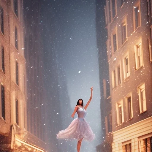 woman wearing a dress floating in the air outside a building balcony, scared, downtown snowy new york at night, dramatic, dramatic lighting, volumetric lighting, hyperrealism, 8k, high quality, photorealistic, lot of details