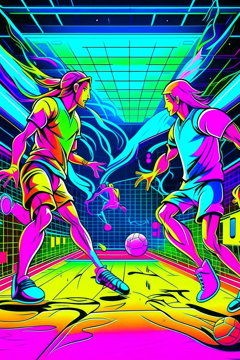 Two players in neon headbands and 80s sportswear diving for a shot in a brightly lit racquetball court. Style: Neon Art, Mood: Energetic and Futuristic (for its time), Lighting: Glowing neon fixtures, T-shirt design graphic, vector, contour, white background.