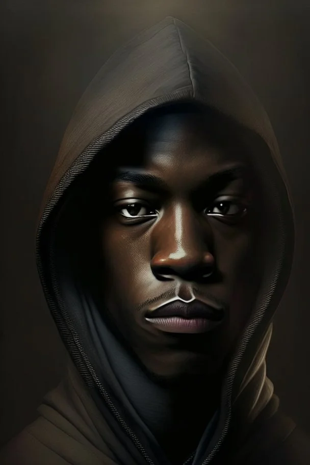 A portrait of a black man with a hood, short hair,