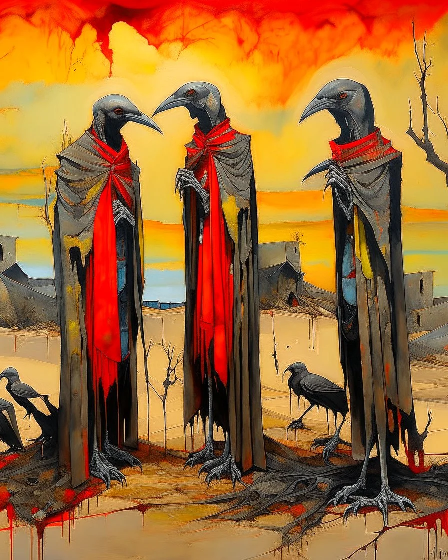 long-legged surreal lean black-grey figures with beak-shaped heads in overcoat, profile, semi-silhouettes among ramshackle ruins in a barren landscape of red, yellow, black and beige colors, intricate acrylic painting
