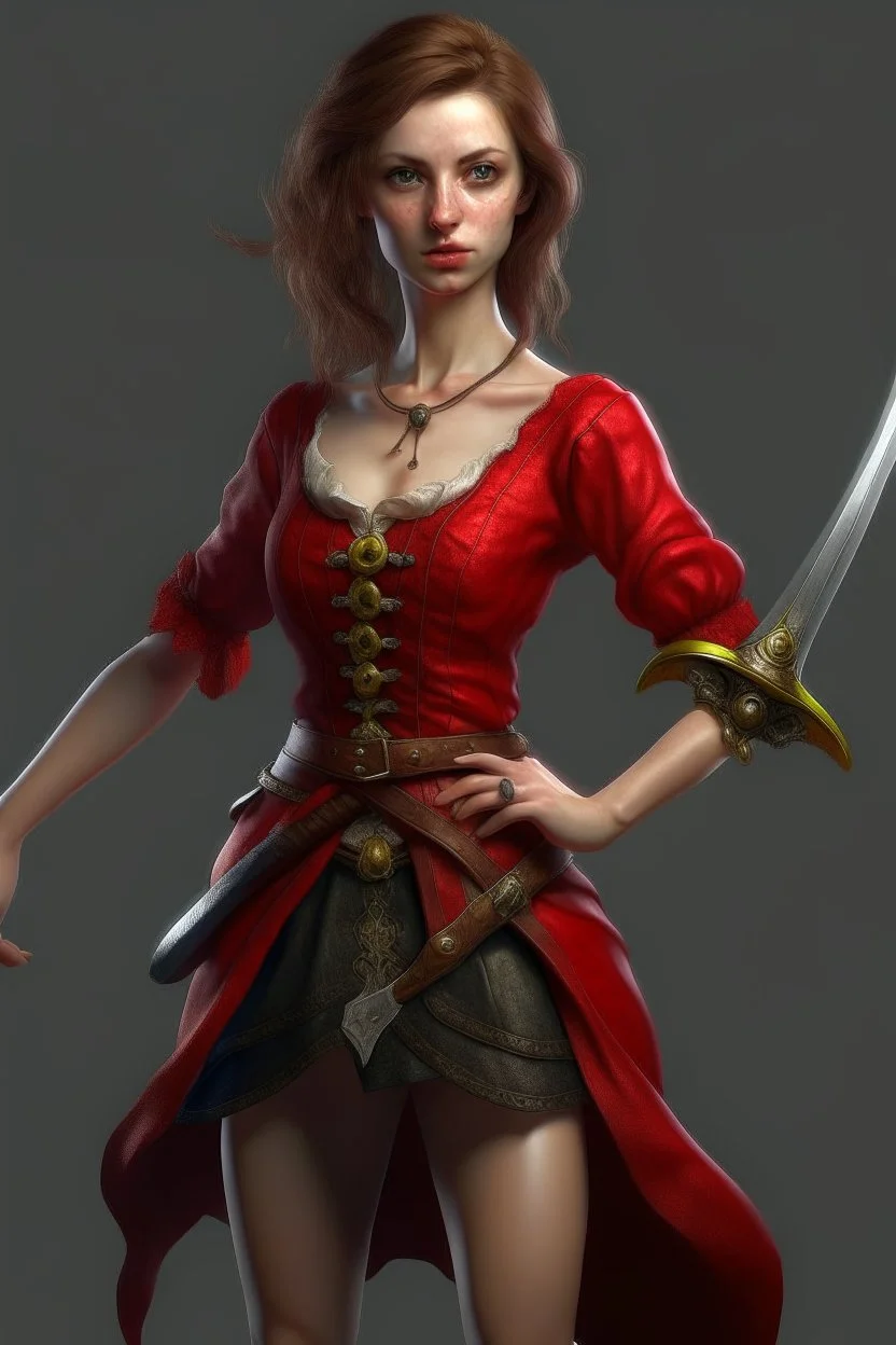 a young witch in a red low-cut short skirt, with a sword in one hand, photorealistic, delicate detail.