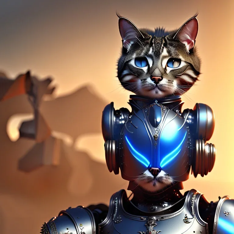 a cat-like robot with blue eyes wearing a medieval armor, high detail, photo, 8k, ray-tracing