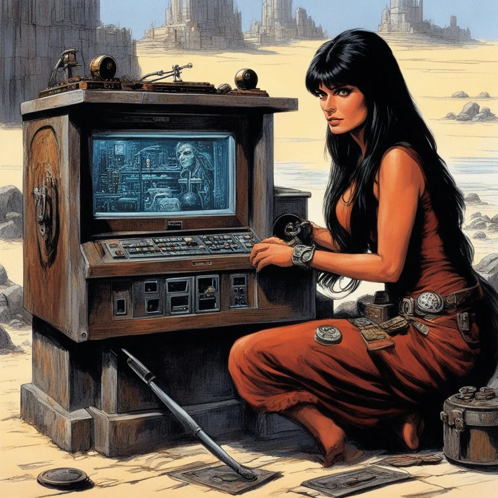[art by Ray Harryhausen] a youthful Caroline Munro cautiously approaches the weathered and worn console, the most clever ordinateur in the universe. The once gleaming machine now bears the marks of time, covered in a layer of rust and dust that speaks of ages past. Despite its aged appearance, the user is granted access to a realm of knowledge and possibilities beyond her wildest dreams. The power and intelligence contained within this ancient ordinateur are shrouded in mystery, its mechanisms