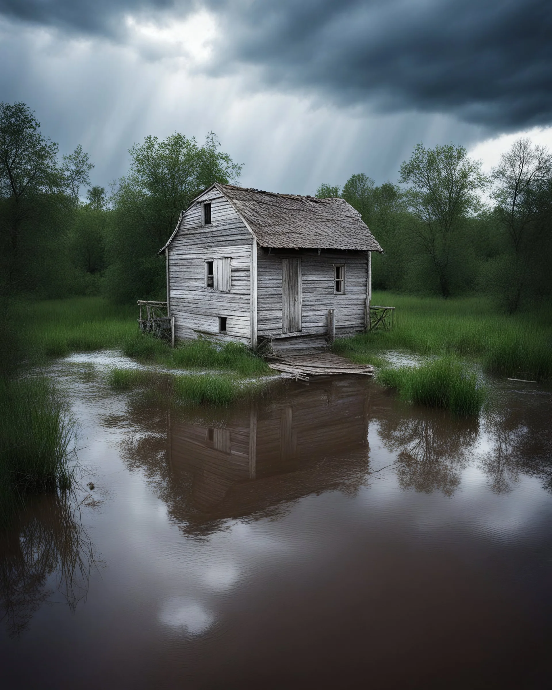 ultraralistic photography of primitive houses flooded in storm