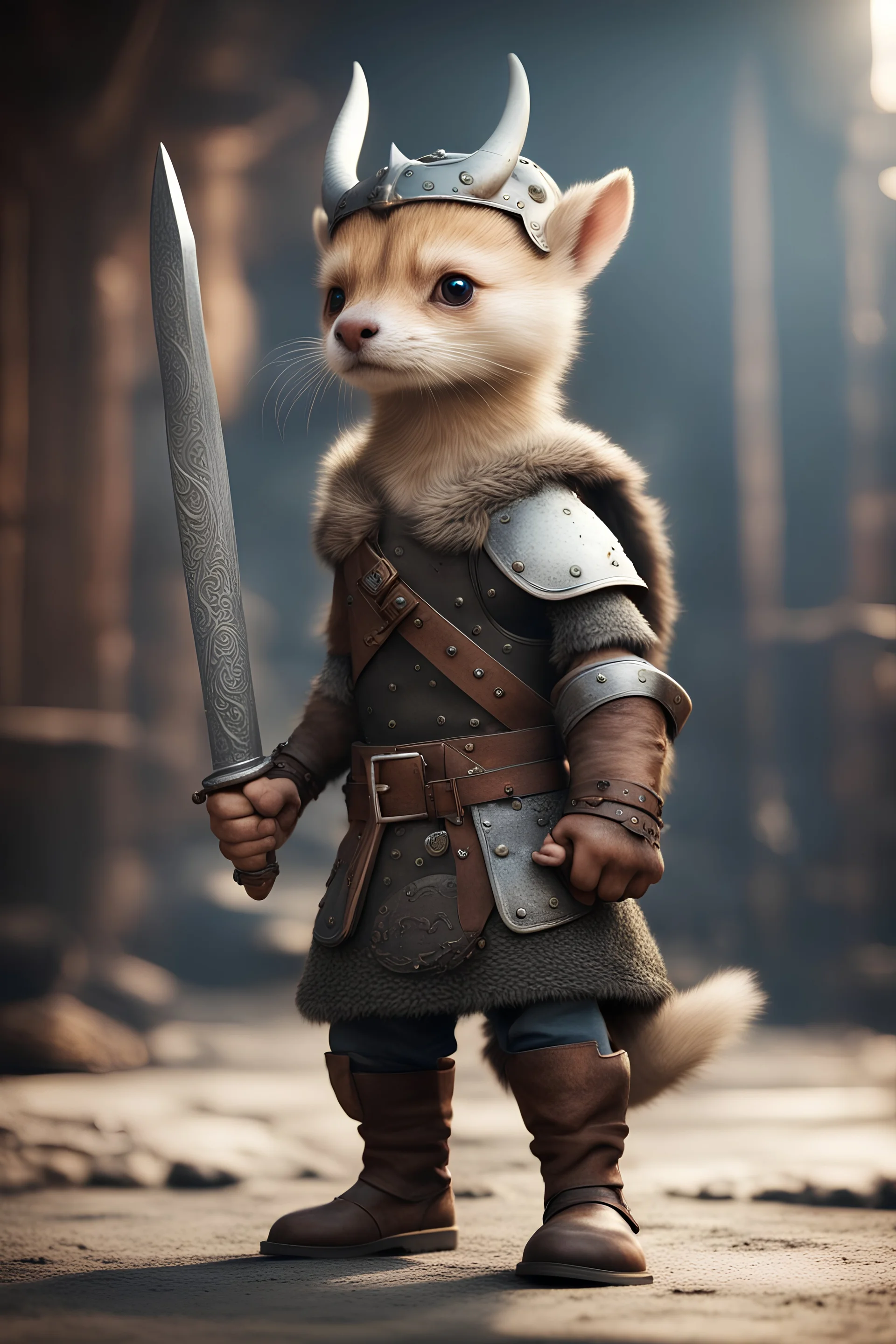 portrait of cute fast historic strong viking weasel with viking gauntlets, helmet & boots holding ornate viking sword in fallout 4 setting, bokeh, downlight, prize winning, depth of field, in the style of ivo caprino