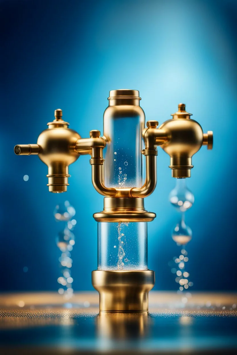 create a high quality poster from a brass water manifold for product reveal with professional photography techniques , semi ocean blue background, a dreamy blurred with bokeh background ,with excellent warm lighting, on a luxury scenes in a studio ,bulbs of clear water , on a pice of vevlet