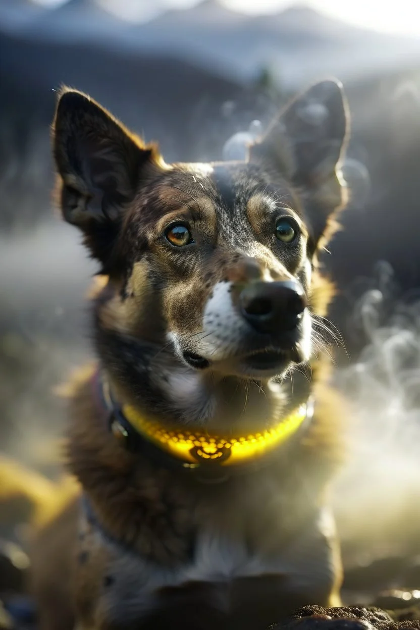 film grain for realism, portrait of super sonic top dog swimming in smoke rings at mountain top , lightening storm brewing,shot on Hasselblad h6d-400c, zeiss prime lens, bokeh like f/0.8, tilt-shift lens 8k, high detail, smooth render, down-light, unreal engine, prize winning