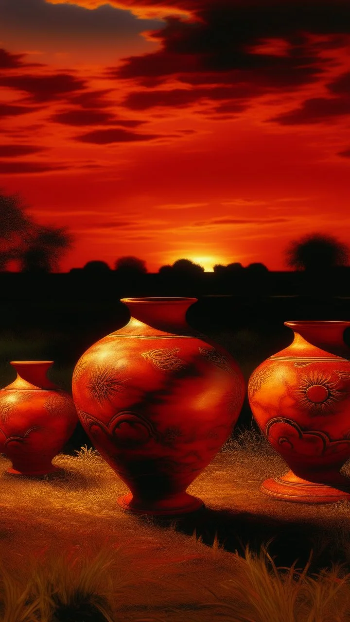 A red fiery sky with fireballs designed in African pottery painted by Giovanni Battista Sassi