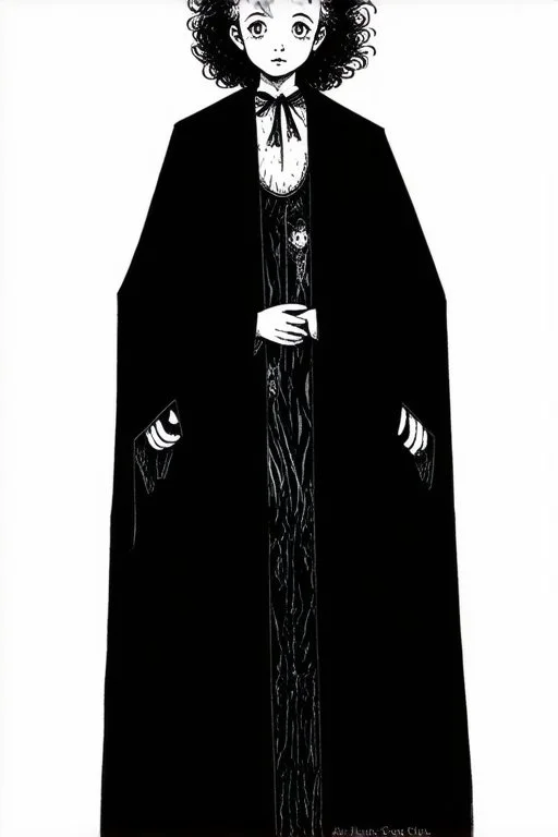 pallid 7 year old boy, necromancer, friendly,wearing black robes, with the lower body of a genie, in the style of Harry Clarke