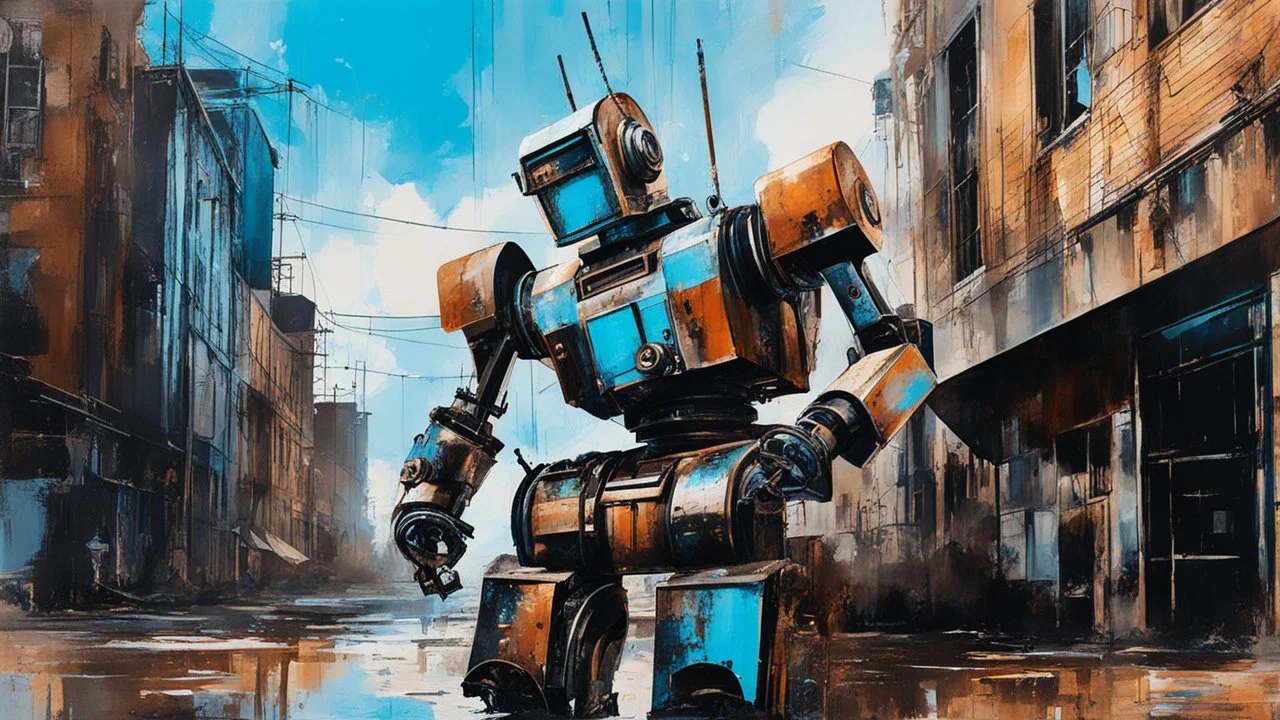 urban decay and crazy rusty scrappy robot drinking coffee, pseudo photo-realism, negative space, amazing reflections, excellent parallels, great verticals, juxtaposition shock, wet print, ink leak, colors of light sky blue and beige and black, whole body visible