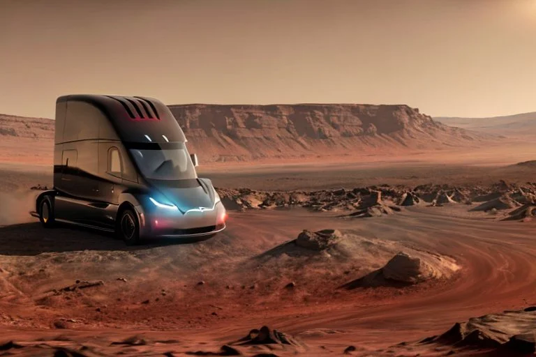 A Tesla 'Semi' (semi truck) is parked, at the Cydonia region on Mars. (CINEMATIC, WIDE ANGLE LENS, PHOTO REAL)