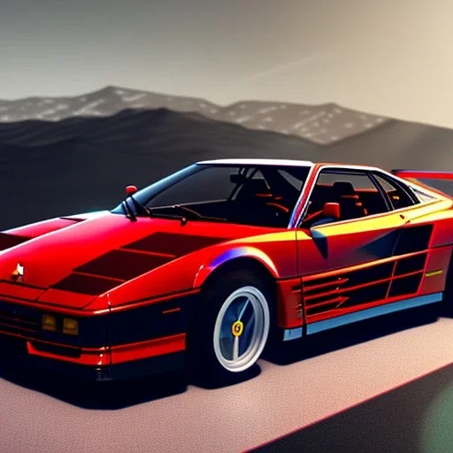 fullbody Drawing of 'Ferrari Testarossa',intricate detail,andrea bonelli,Kilian Eng,Ohrai,evan lee,Aleksandr Sidelnikov,three quarters frontal aerial view,toned colors,16k