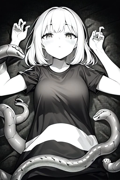 girl in T-shirt lying on the ground and covered with snakes, greyscale