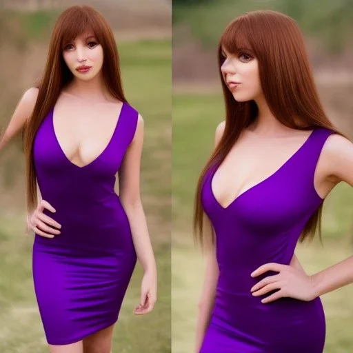 alluring slim witch of darkness in tight purple dress with very long brown-hair and blonde bangs