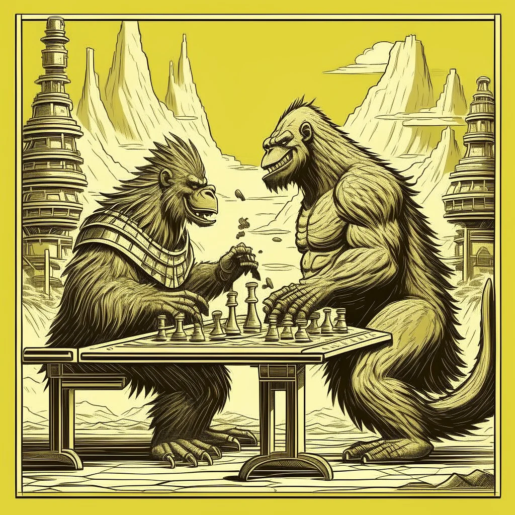 a Godzilla and king kong playing a game of chess