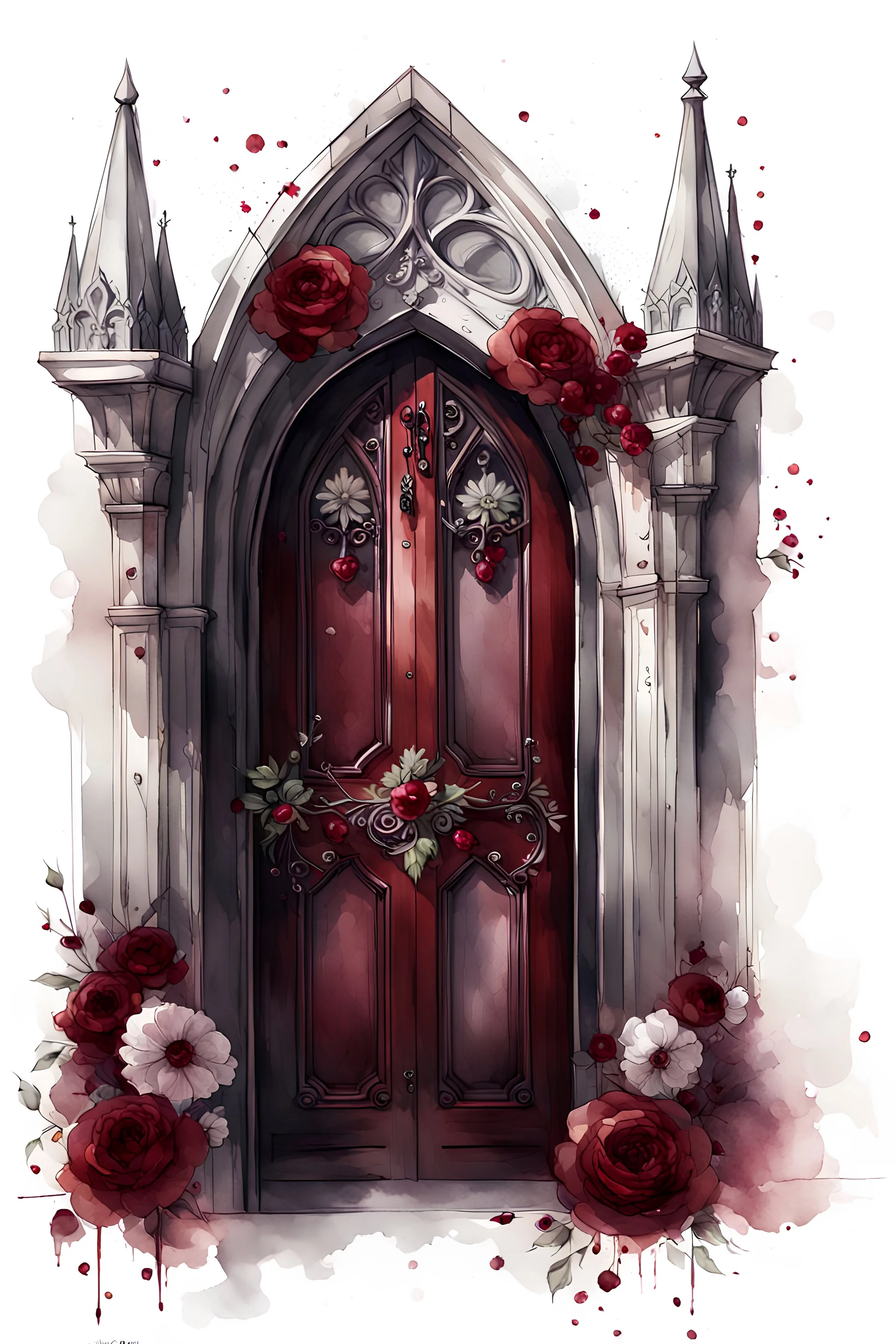 watercolor draw gothic vintage door, dark red with flowers, white lace and rubies, white background, Trending on Artstation, {creative commons}, fanart, AIart, {Woolitize}, by Charlie Bowater, Illustration, Color Grading, Filmic, Nikon D750, Brenizer Method, Side-View, Perspective, Depth of Field, Field of View, F/2.8, Lens Flare, Tonal Colors, 8K, Full-HD, ProPhoto RGB, Perfectionism, Rim Lighting, Natural Lightin