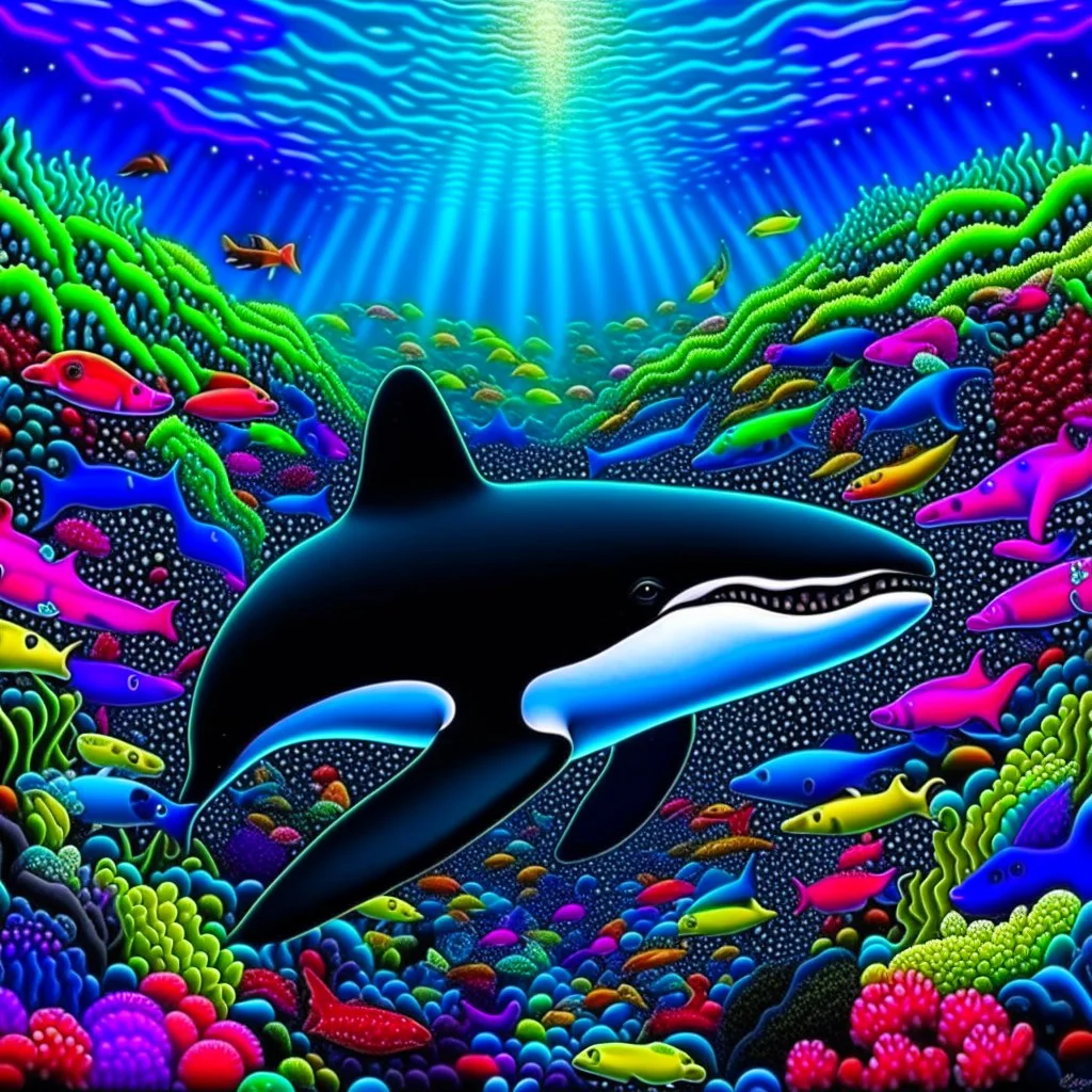 a very detailed orca in the ocean surrounded by a school of little fishes. Realistic, underwater world, enchanting, dangerous, colorful.