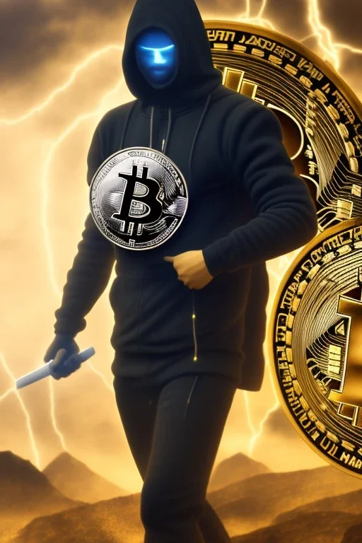 running berserker portrait , no face, black jogging suite , in the night Alps , holding bitcoin , angels background, volumetric gold light, high detail, dark leaf tree, dark mountains in background, perfect