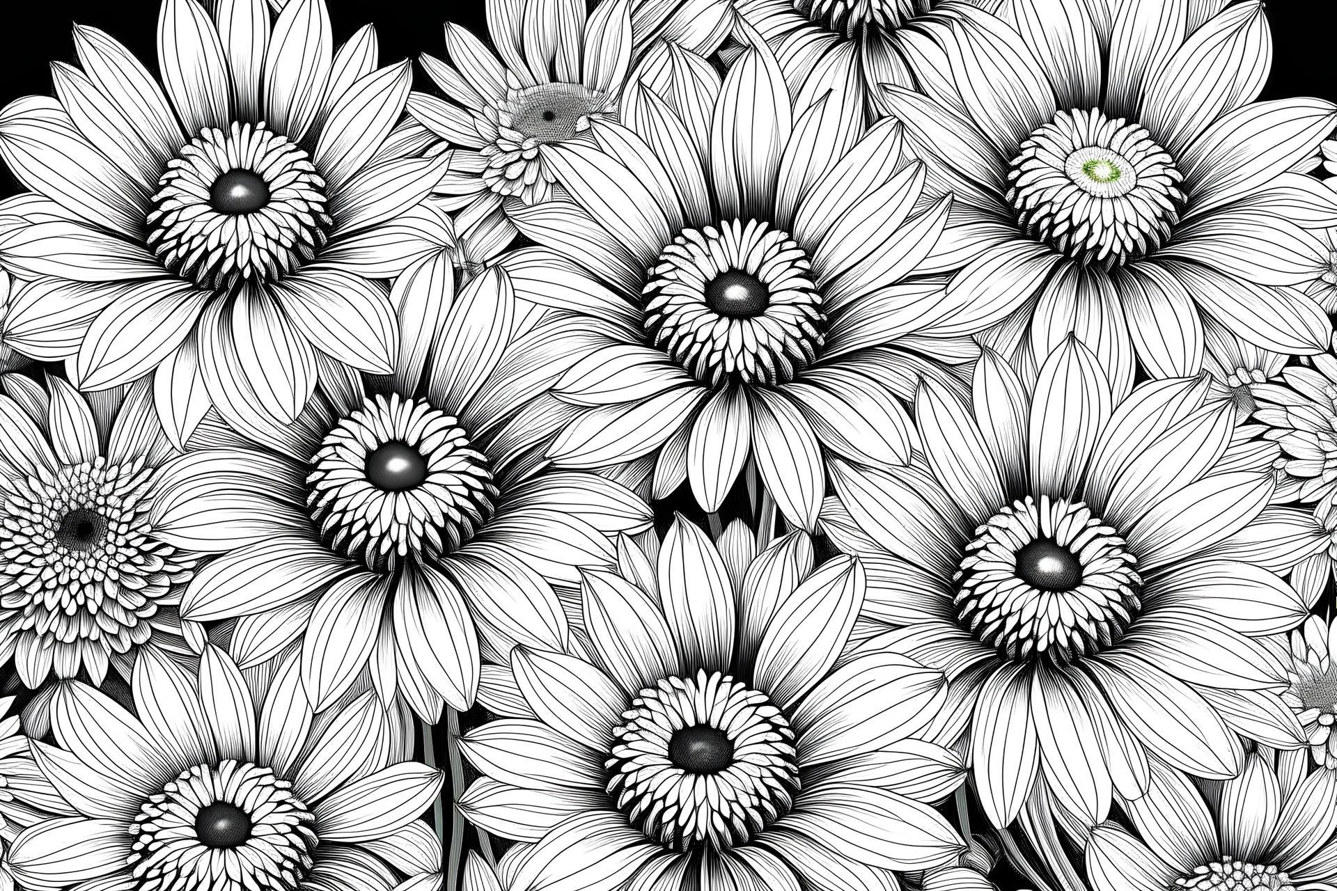 images of Gerbera for coloring: , black and white background, fine lines