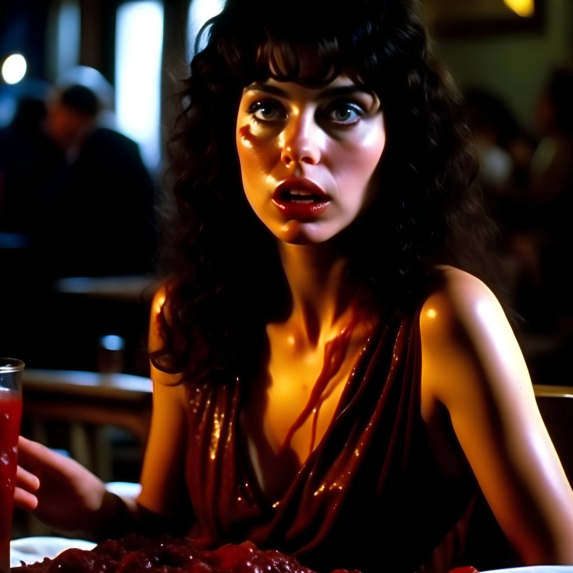 Horror movie shot, hot spooky, leech, shoulders, stunning, dining, huge breasi, ultra realistic, really eerie, ultra hypnotic, obsessive, hot realistic hot skinny woman, pieces of meat, Dario Argento, Stanley Kubrik, 1980's, ornate, 4k, photorealism, splatter horror, graphic, details of the skin extremely accentuated