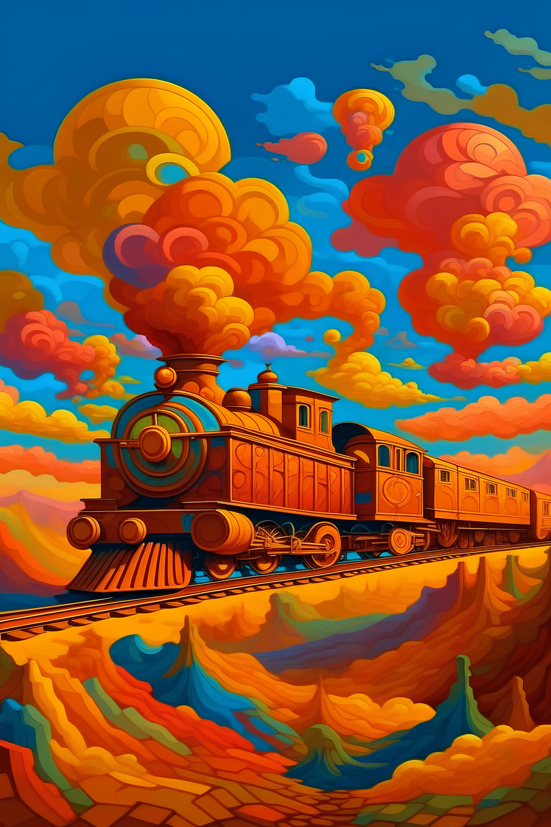 un tren en el cielo, con colores cálidos y candidos, nubes con una atmosfera reluciente con un corazón en los vagones al estilo de André Derain