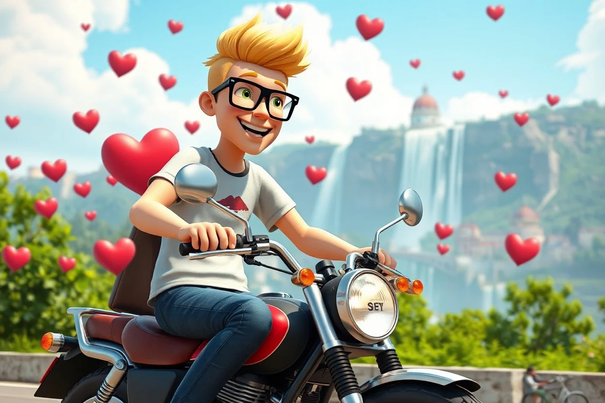 3D video game characters, a short blonde haired man wearing eyeglasses, t-shirts and jeans riding a motorcycle , hungary, Budapest, hearts, waterfall, happiness