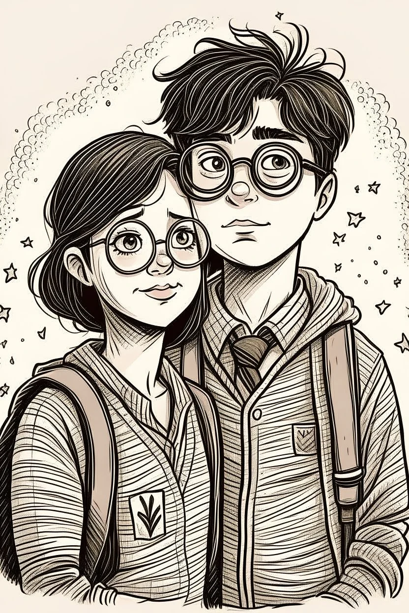 Handdrawn, harry potter style, girl and boy in love