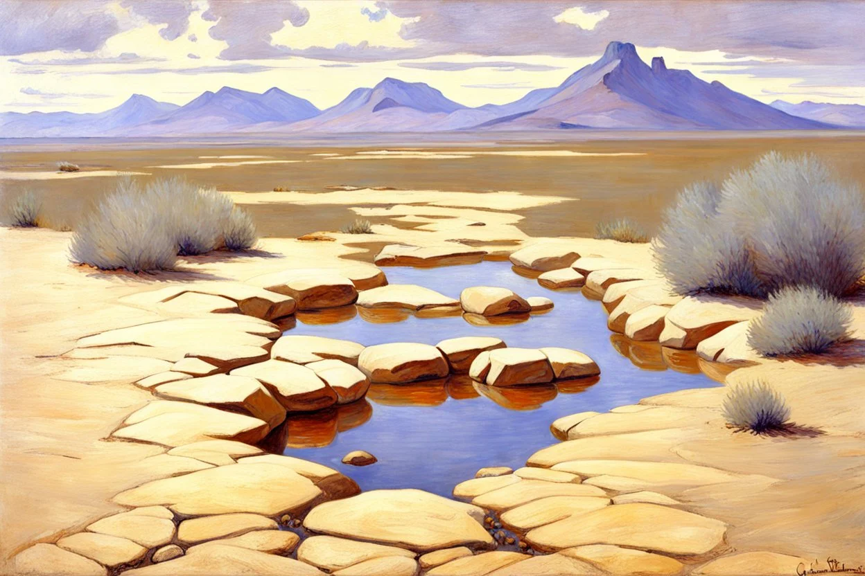 Arid land, clouds, mountains, rocks, puddle, vegetation, gustave caillebotte impressionism painting