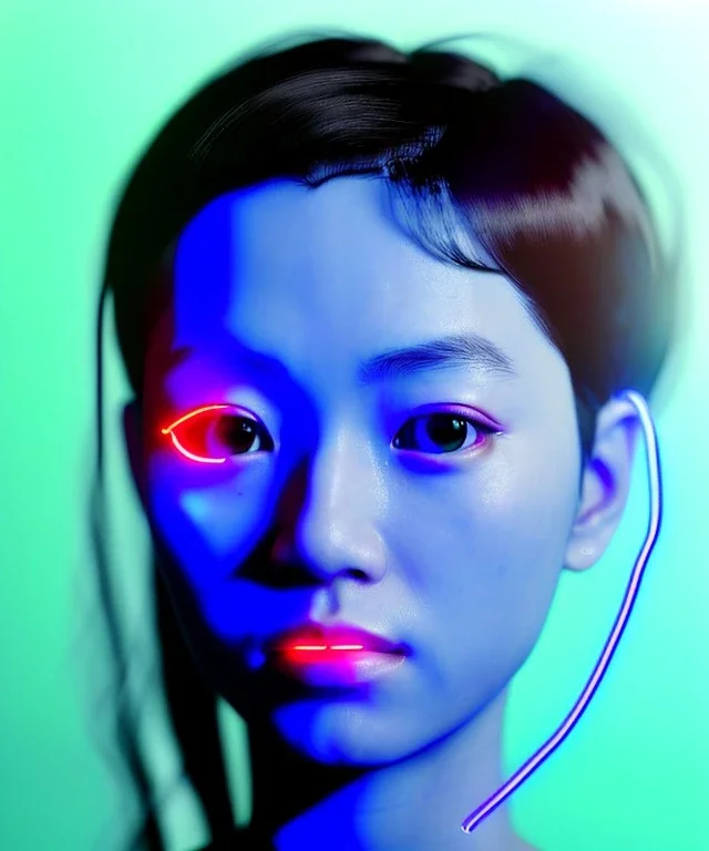 Ultra realistic photographic night portrait, cinematic, <Asian woman> many wires coming out of the head <perfect pupil><glow eye> <cyborg arm> <garage> <wide angle><x-rays> <retro futuristic> <thriller>, neon lights, color fog, soft color, highly detailed, unreal engine 5, ray tracing, RTX, lumen lighting, ultra detail, volumetric lighting, high definition.