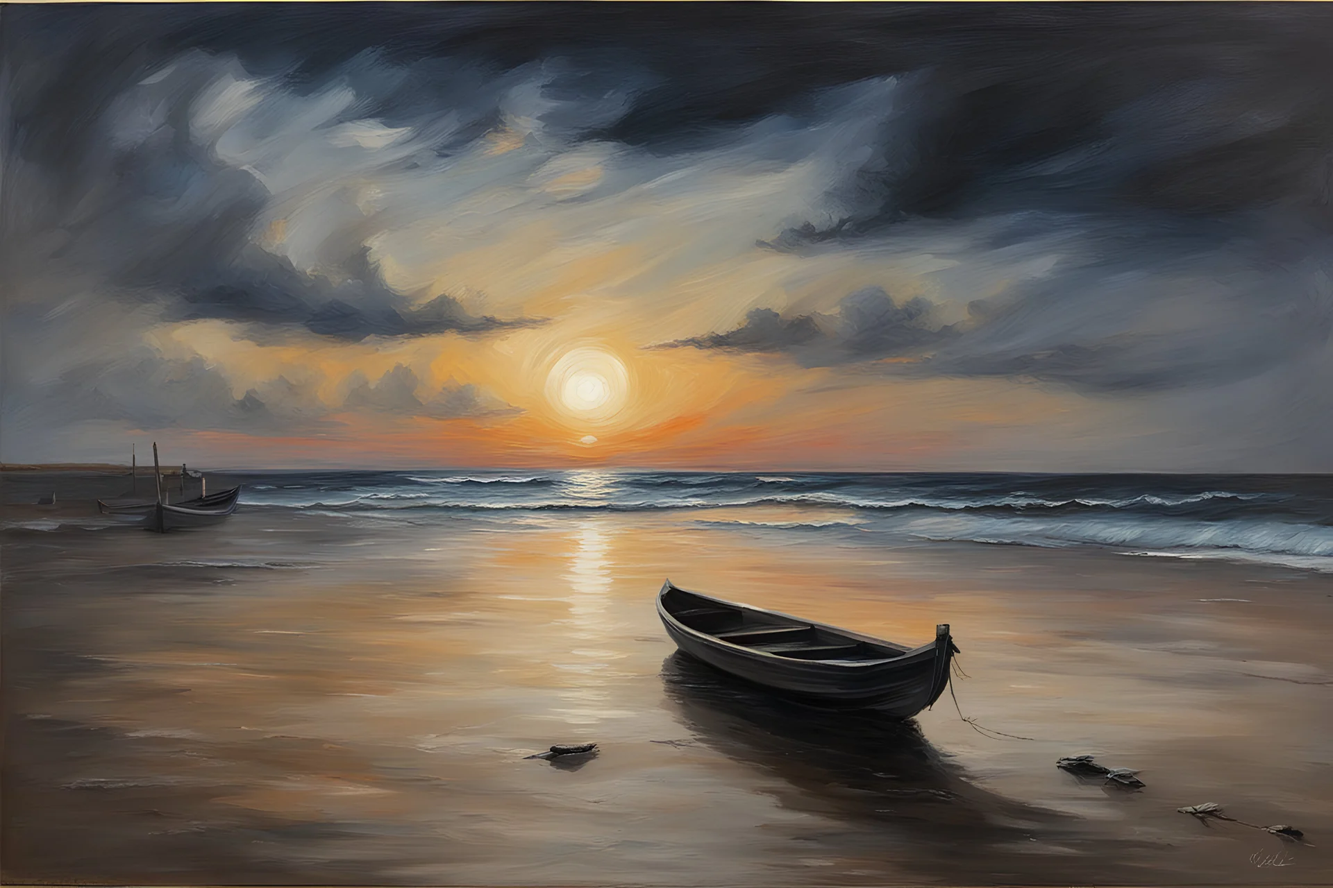 oil painting, Small boats on the beach at the dead of night Come and go before first light