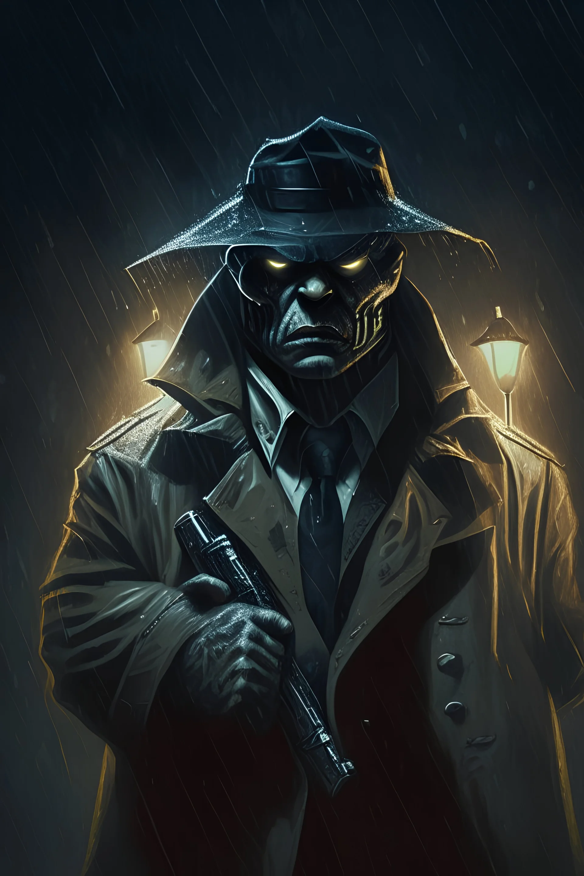 A mummy in a detective's uniform on a rainy night. An angry face. with a gun