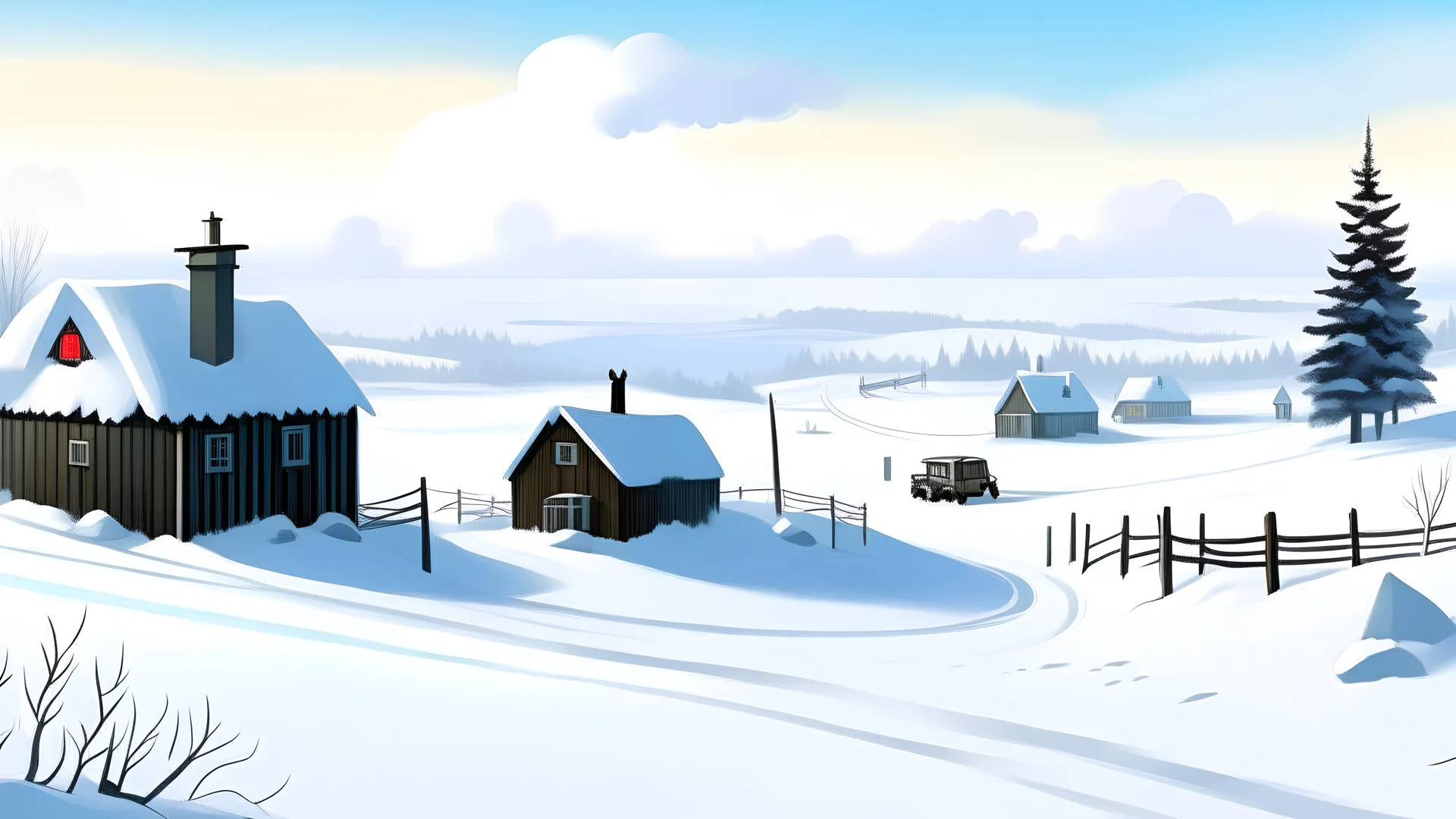 realistic, snow covered landscape. houses totally covered in snow, only chimny's visible, smoke from chimies, old flimsy wieerd hill billy trailer trans farmer, trying to remove the snow